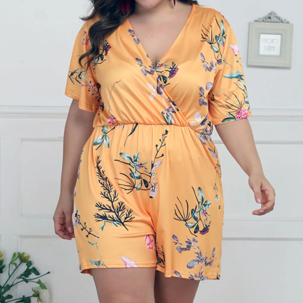 

Women floral playsuit Summer v-neck print beach rompers jumpsuit Holiday female yellow elegant overalls playsuits 2019 DouDouLu