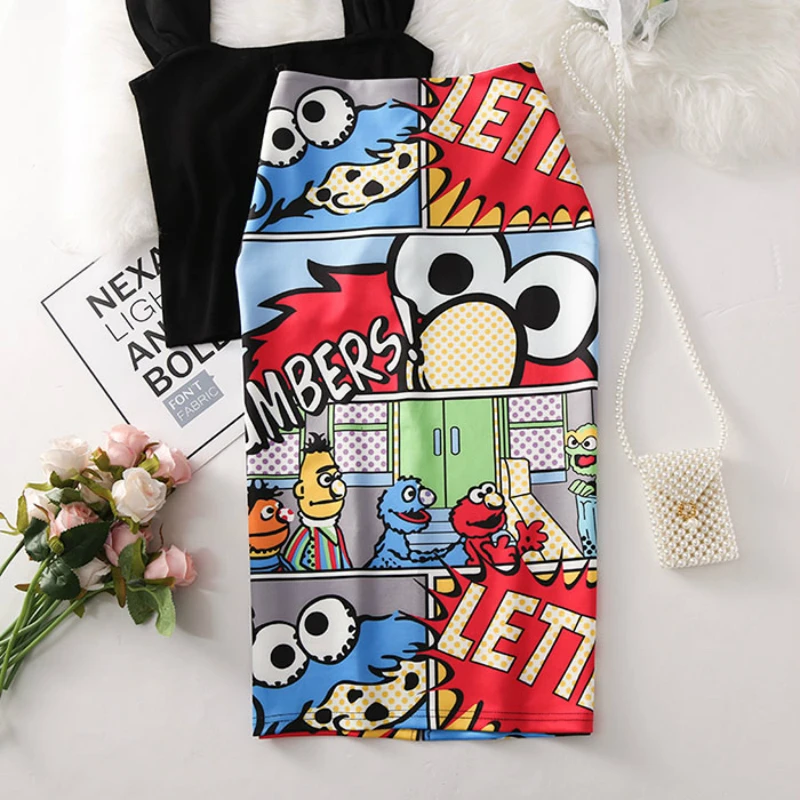 

2019 New-Coming European Summer Women Pencil Skirt High Stretch Cartoon Letter Printed Midi Slip Hip Skirt Female