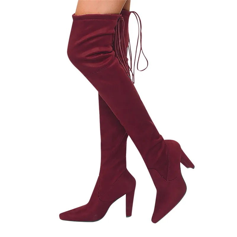 

New Women's Over Knee High Boot Lace Up Stretch Slim Sexy Thigh high heel Long Thigh Boots Shoes Women Winter Warm Boots #40B