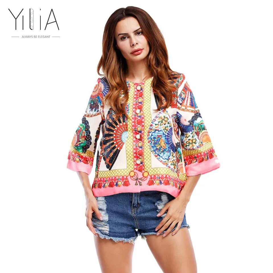 Yilia Floral African Print Flare Sleeves Bomber Jacket Coats Women
