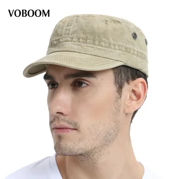 VOBOOM Summer Autumn Military Cap Men Women Washed Cotton Flat Top Army Hat with Air Hole Adjustable 162