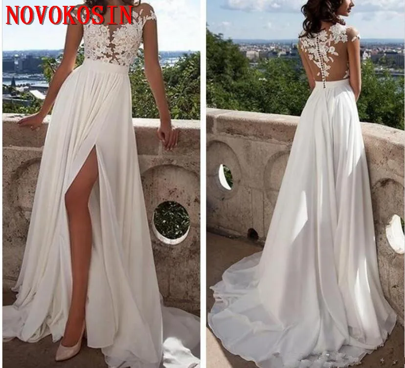 

2019 Sexy Beach Wedding Dresses Bohemian Sheer Neck High Side Split Chiffon Lace Applique Cap Sleeves Bridal Gowns