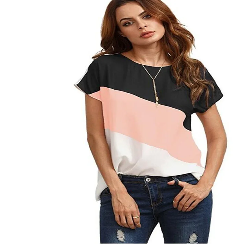 

2018 New European and American T-shirts For Women Tri-Color Stitching Chiffon Clothing O-Neck Short-Sleeved Casual Loose Tops