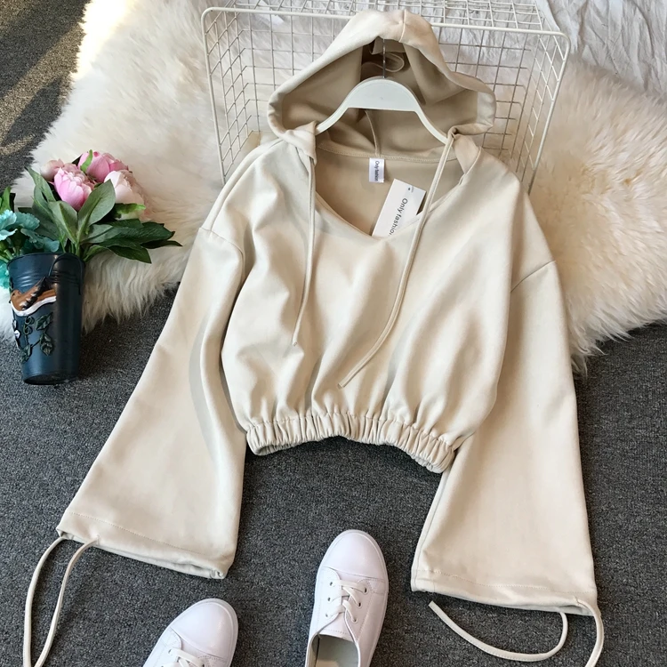

New Spring Autumn Female Pullovers Tops V Neck Elastic Waist Flare Sleeve Students Sweatshirts Solid Color Women Hooded Hoodies