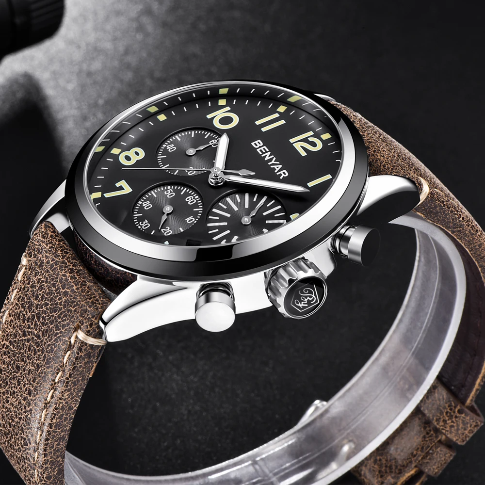 

BENYAR 2018 Top Brand Luxury Men Business Leather Watch Army Military Chronograph Watch Male Quartz Wrist Watch Erkek Kol Saati