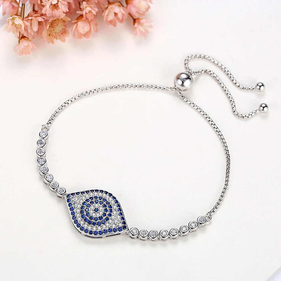 925 Sterling Silver White Gold Color Bracelet Crystals Luxury CZ Womens Jewelry Evil Eye Hamsa Charm Bracelets