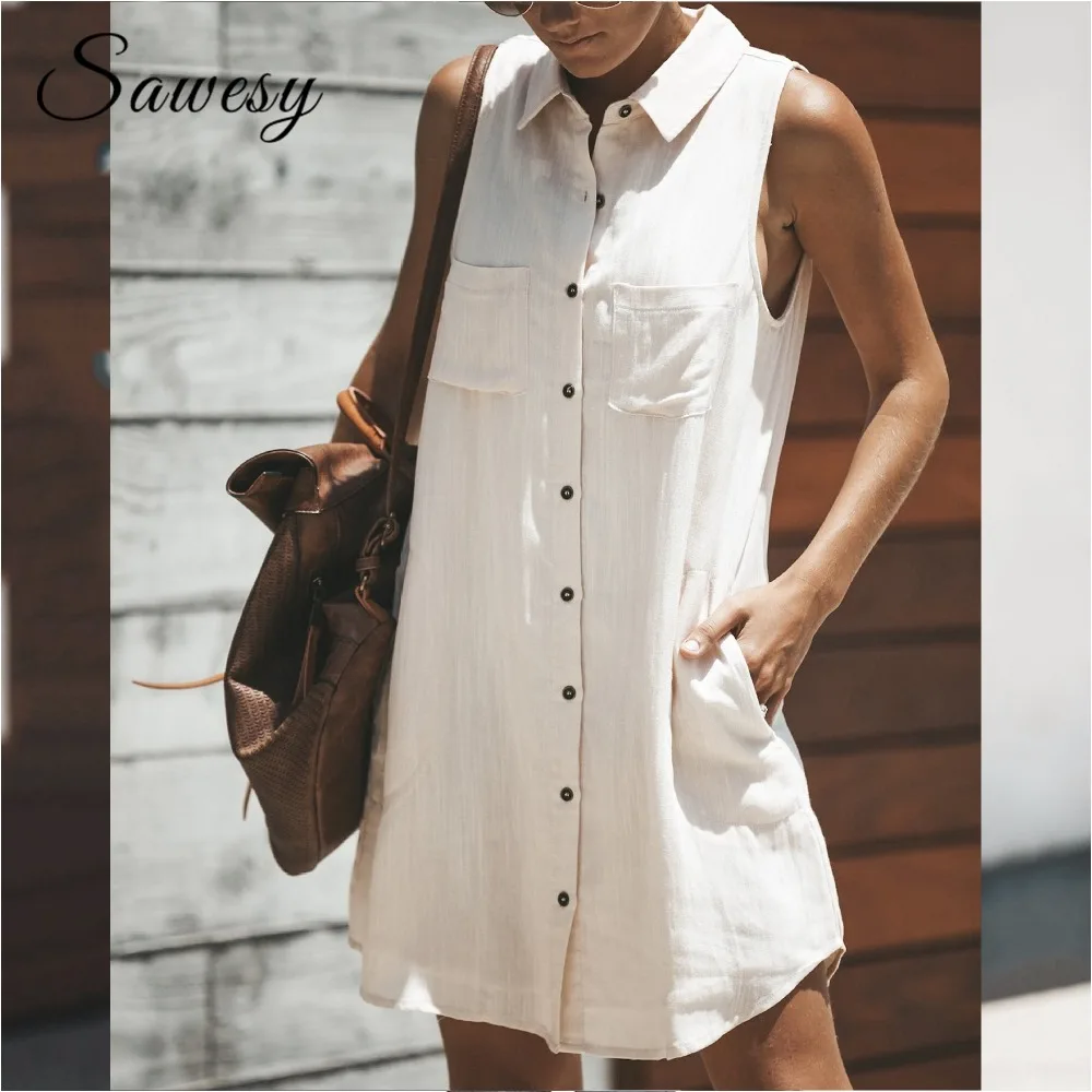 

Red White Green Shirt Dresses Fashion Women 2018 Summer New Sleeveless Button Dress With Pockets Ladies Casual Loose Dress