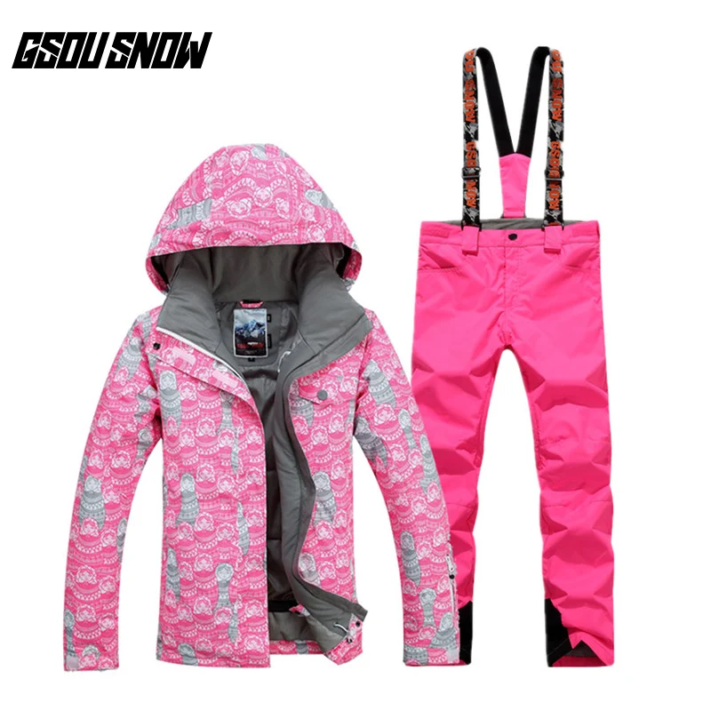 

New GSOU SNOW Female Ski Suit Winter Warm Breathable Windproof Waterproof Wear-resistant Ski Jacket+Ski Pants For Women