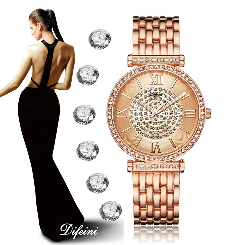 

2019 Women Rose Gold Wrist Watches Bracelet Stainless Steel Clock Luxury Diamond Dial Watches Female For Ladies Rhinestone Watch