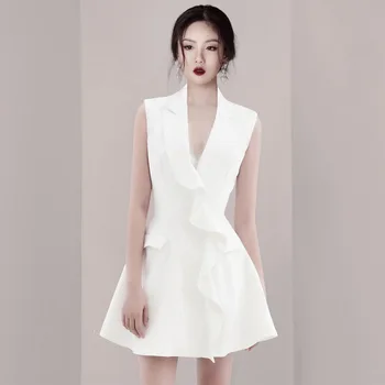 

2019 Dress Sexy Celebrity Ruffles Turn-Down Collar Women Sleeveless Fashion Night Club Bandage Body con Party Dress Wholesale