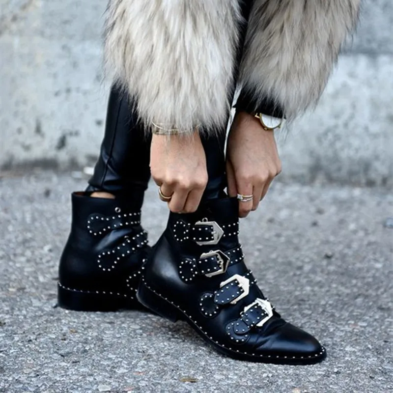 New Spring Autumn Genuine Leather Tactical Ankle Boots For Female Western Vintage Rivets Studded Motorcycle Punk