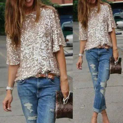 

Fashion Women Womens Summer Ladies Casual Loose Sequined Bling Shiny Shirt Top Vest Short Sleeve T Shirt