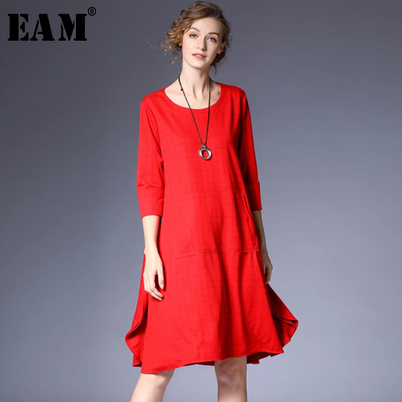 

[EAM] 2019 Spring Woman New Stylish Black Red Color Plaid Pattern Three Quarter Sleeve 0-neck Loose Draped Dress All Match LI100