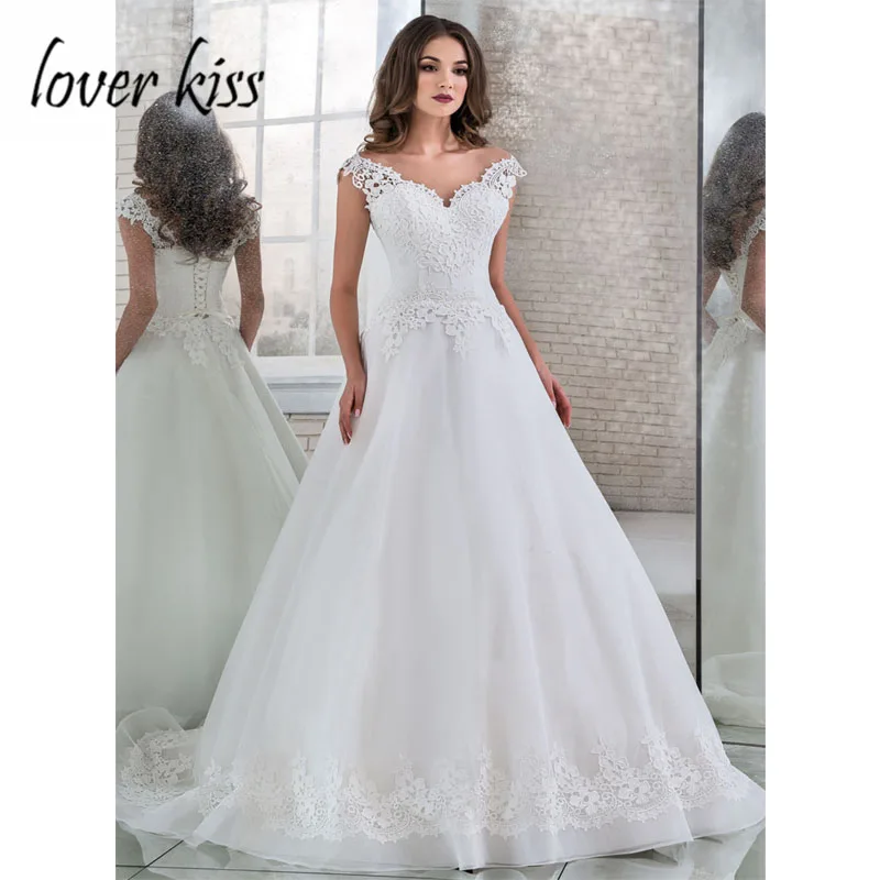 Lover Kiss Vestido De Noiva, Тюлевое свадебное платье трапециевидной формы, v-образный вырез, Кружевная аппликация, свадебные платья невесты, корсет на спине,, Robe de Mariage