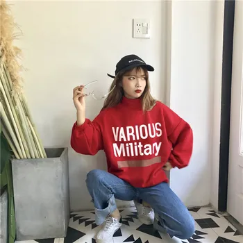 

Korean Style Women Loose Small High Collar Winter Pullover Sweatshirts Womens Plus Velvet Thick Sweatshirts Female Long-sleeved