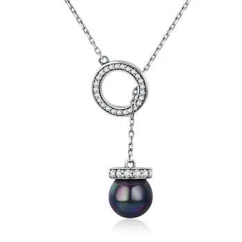 

WOSTU 100% 925 Sterling Silver Circle Black Pearl Elegant Long Chain Women Pendant Necklace Silver Jewelry BKN200