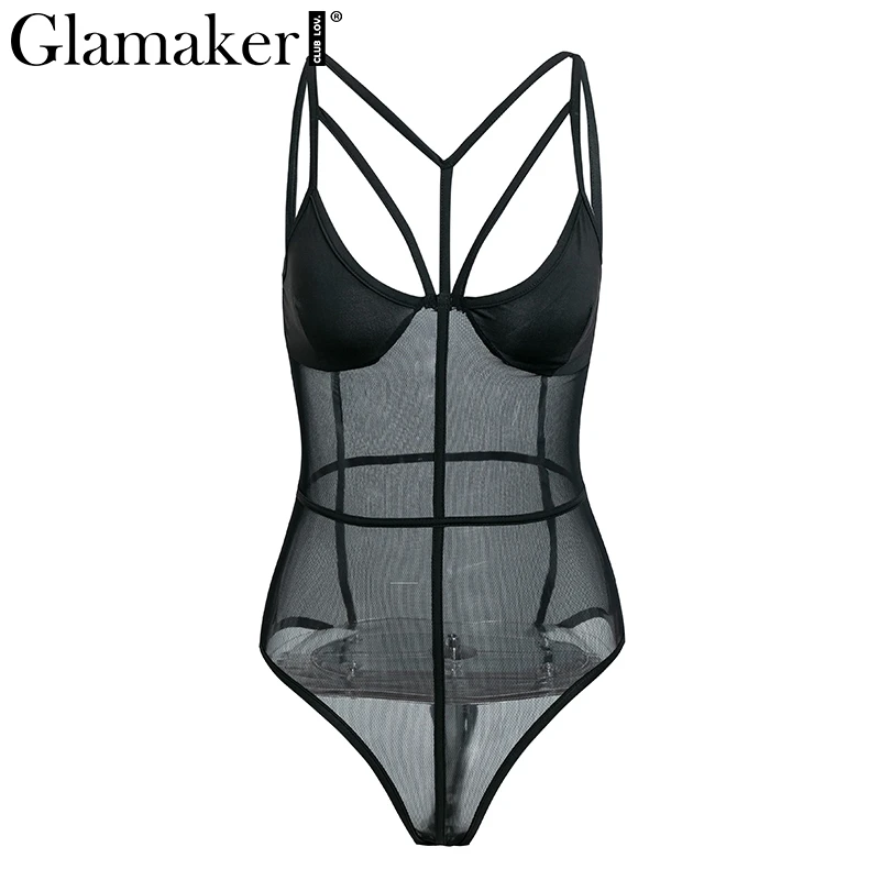 Glamaker Mesh black sexy teddy bodysuit Women transparent strap bodysuit Female winter bandage bodysuit one-pieces 2018 jumpsuit