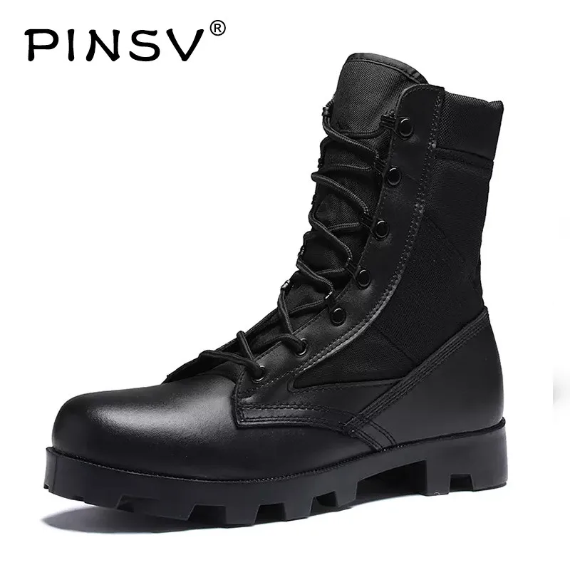 

PINSV Tactical Boots Men Genuine Leather Military Boots For Men Shoes Combat Army Boots Men High Top Shoes For CS Bota Masculina