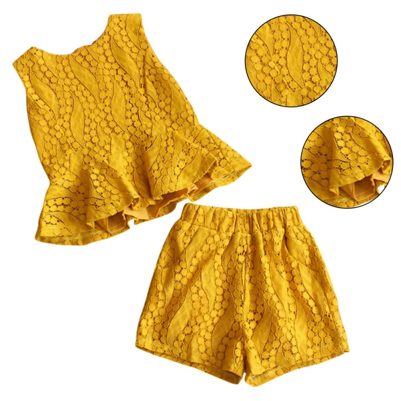 

Bottom Summer Newborn Children Baby Girls Clothing Set Clothes Solid Lace Butterfly Hem Sleeveless Tank Tops Vest + Shorts