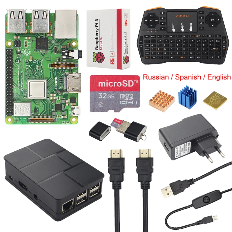 

Raspberry Pi 3 Model B+ (Plus) + Case + 2.4GHZ Wireless Keyboard + 2.5A Power Charger + USB Switch Charging Cable + Heat Sinks