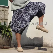 Loose Men Capri Vintage Shorts Cotton Harem Pants Wide Leg Comfortable Male Unisex Print Shorts Bloomers Beachwear Hip Hop Style