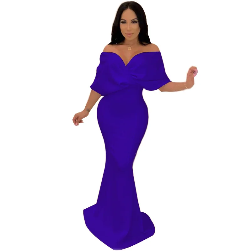 Однотонное сексуальное платье с открытыми плечами и v-образным вырезом, женское платье с коротким рукавом и юбкой-годе, макси платья Vestidos - Цвет: Синий