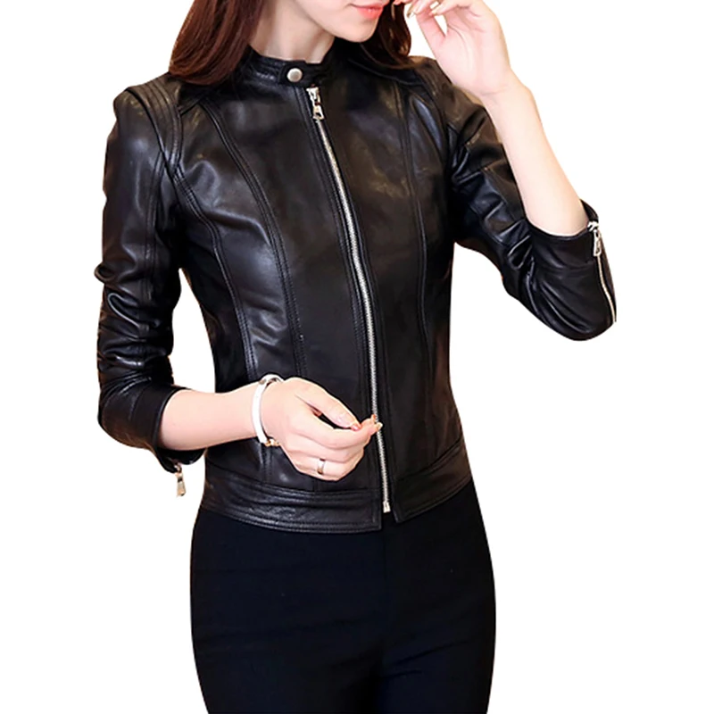 

Women's Synthetic Leather Jacket Stand Collar Long Sleeve Slim Fit Jacket