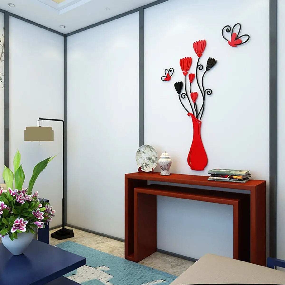 3D Цветочная ваза стикеры Настенные зеркальные художественные росписи домашний декор для комнат и офисов наклейка Акриловые DIY ваза цветок дерево обои для дома - Color: Red B