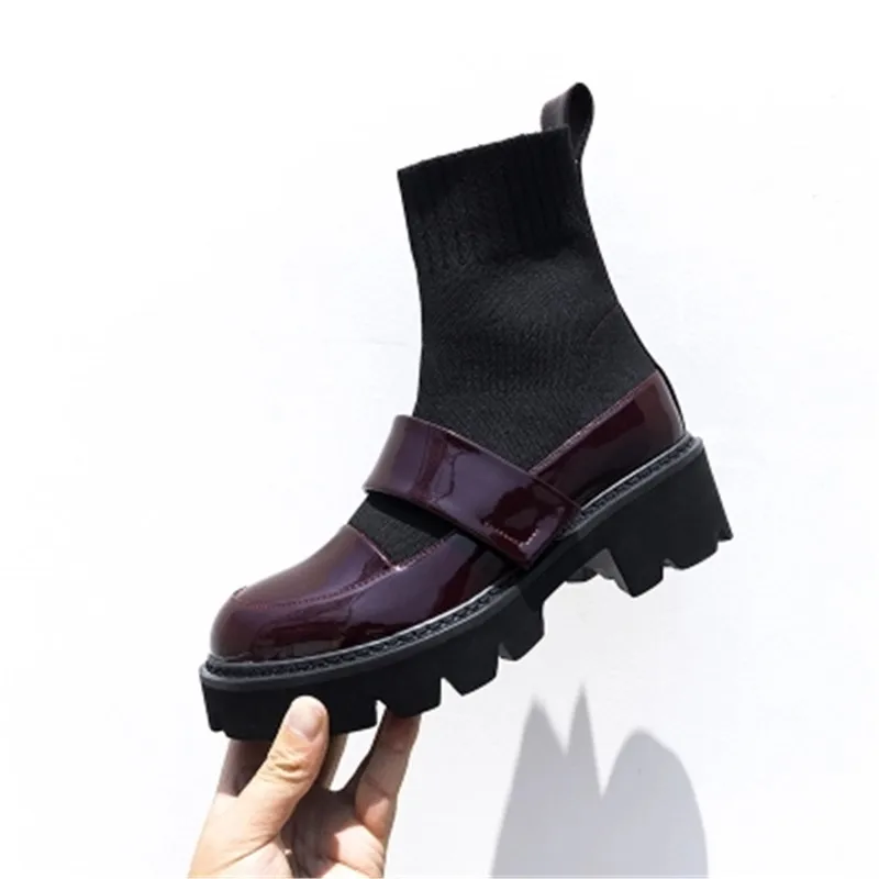 

Fornihapfirafs Booties Black Leather Stretch Fabric Patckwork Women Ankle Boots Platform Slip-On Women Short Boots Shoes Woman