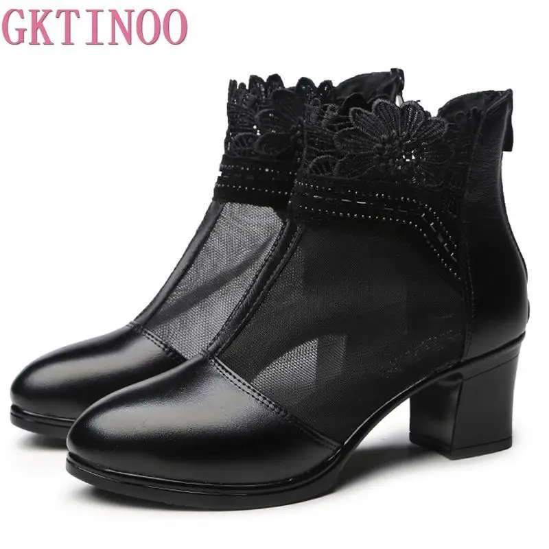 GKTINOO Women Ankle Boots Genuine Leather Ankle Boots Lace Summer Boots Zapatos Chaussures Femme Square High Heel Women Shoes