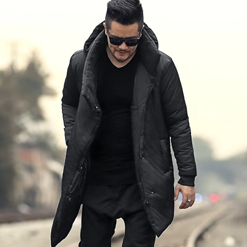 Новинка, мужское зимнее длинное толстое хлопковое пальто с капюшоном в европейском стиле, теплое метросексуальное мужское повседневное приталенное пальто с черной подкладкой, брендовый дизайн