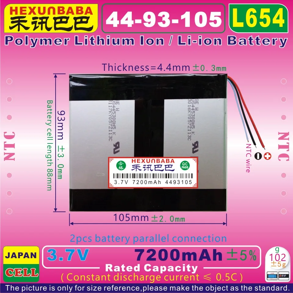 

[L654] 3.7V 7200mAh [4493105] NTC,3 WIRE,Polymer lithium ion / Li-ion battery for tablet pc,POWER mobile bank;e-book,P85,VI40