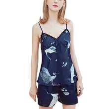 Женское сексуальное кружевное атласное белье, одежда для сна, топы и короткие пижамы, набор шелковых пижам, ночная сорочка без рукавов с принтом, нижнее белье