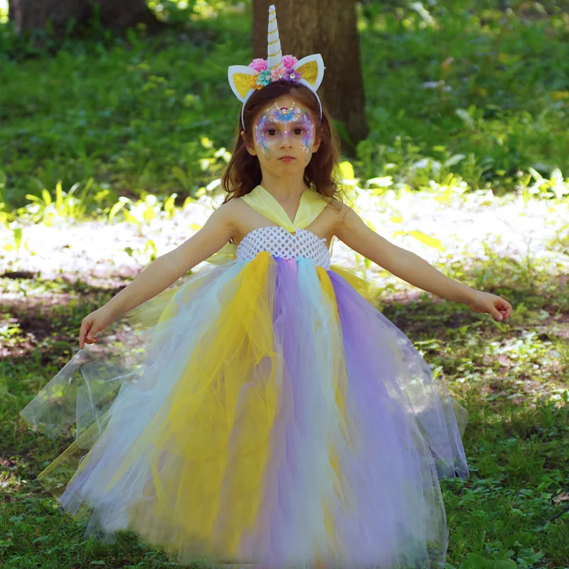 Pastel Rainbow Girls Unicorn Tutu Dress Princess Flower Girl Party Dresses with Headband Kids Birthday Halloween Unicorn Costume (1)