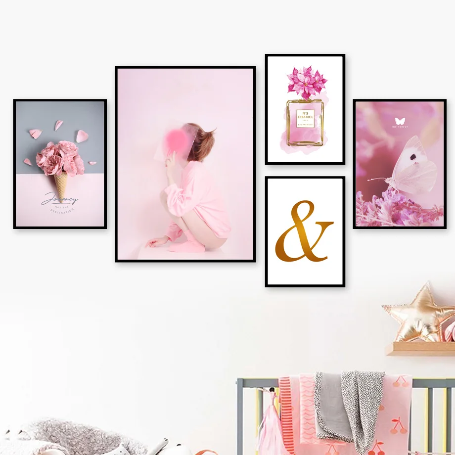 

Wall Art Canvas Painting Paris Flower Perfume Butterfly Pink Girl Nordic Posters And Prints Wall Pictures For Living Room Salon