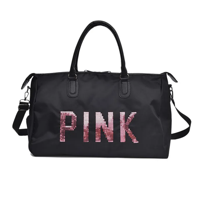 Дорожная сумка с блестками и розовыми буквами, разработанная из искусственной кожи Женская дорожная сумка на плечо, Вместительная дорожная сумка для багажа - Цвет: Size L -Black