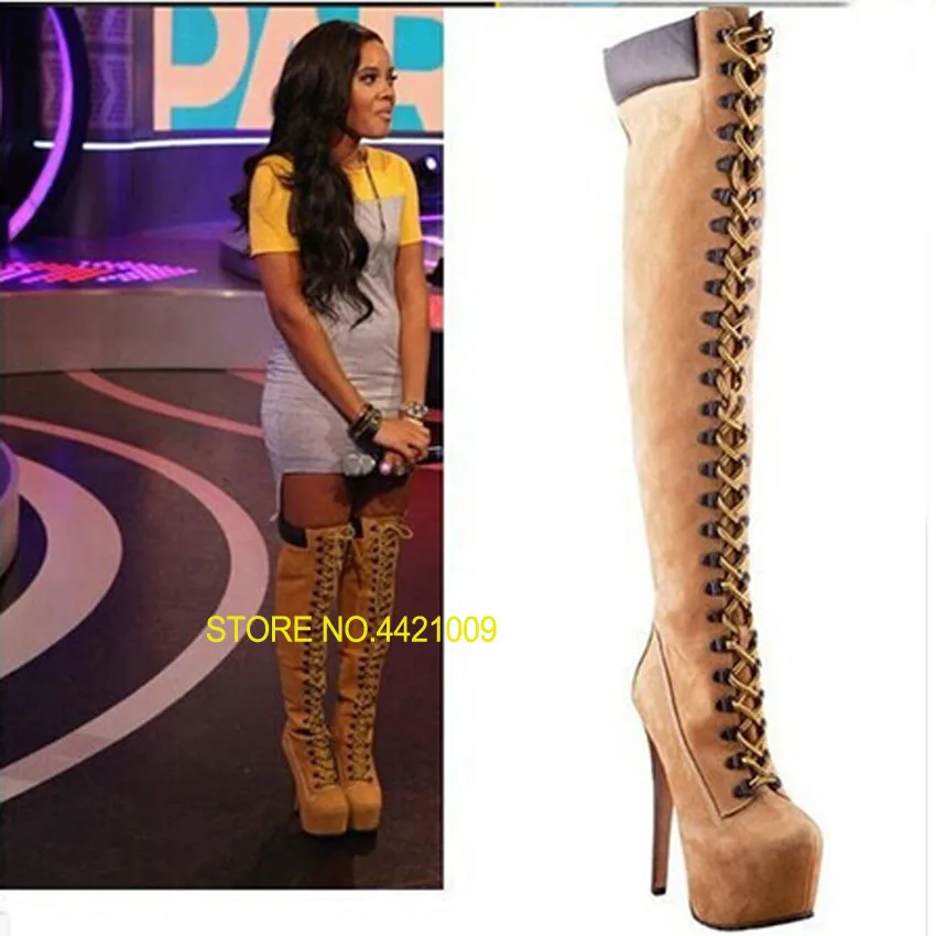 

yellow female martin boots round toe high platform lace up thigh high boots genunie leather over the knee woman winter boots