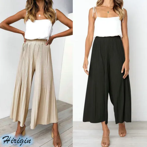 

Summer Women Wide Leg Pants 2019 New Women Summer Casual Elastic High Waist Pleated Solid Wide Leg Pants
