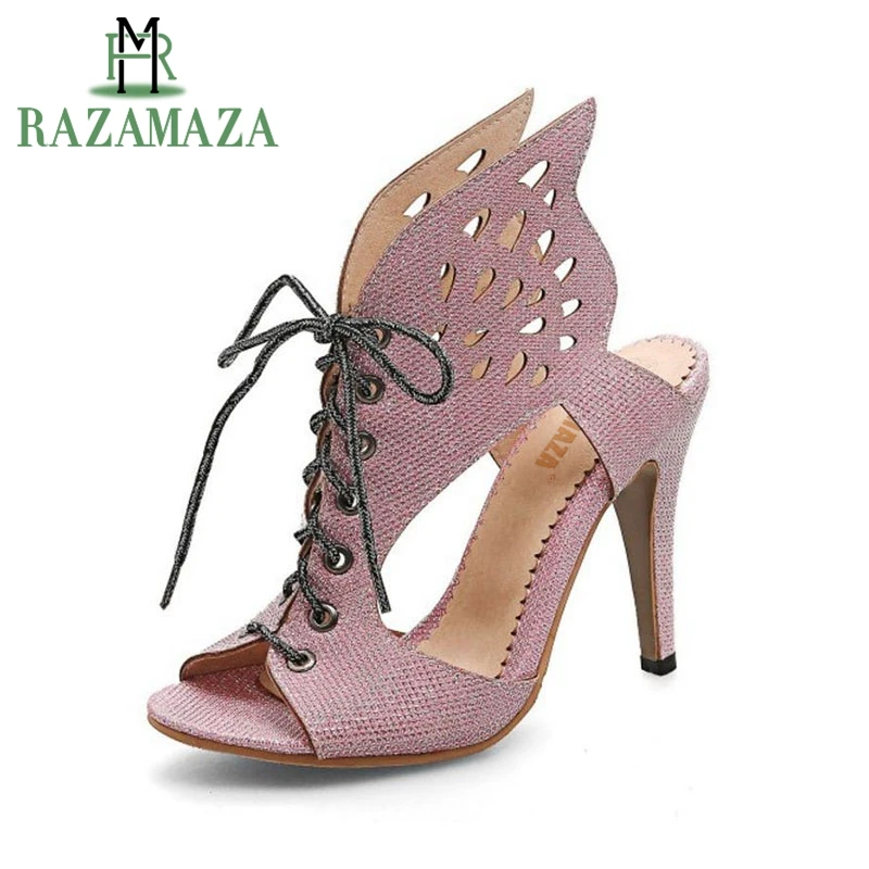 

RAZAMAZA Size 33-46 Gladiator Sexy Women High Heel Sandals Peep Toe Hallow Out Summer Shoes Women Thin Heel Sandals Women Shoes