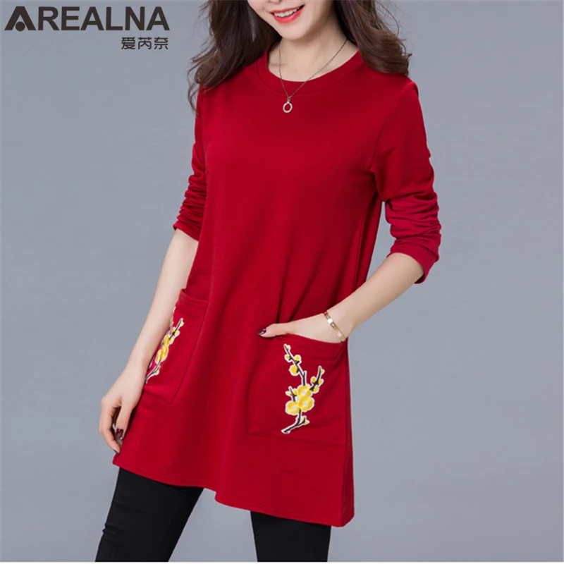 

Autumn Winter Korean Fashion Women T Shirt with Pocket Vogue Casual Long Sleeve Tee Top Femme Plus Size Flower Embroidery Tshirt