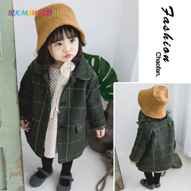 

SLKMSWMDJ children's new autumn and winter woolen windbreaker long coat lattice woolen coat children's wear for 2-7 years old