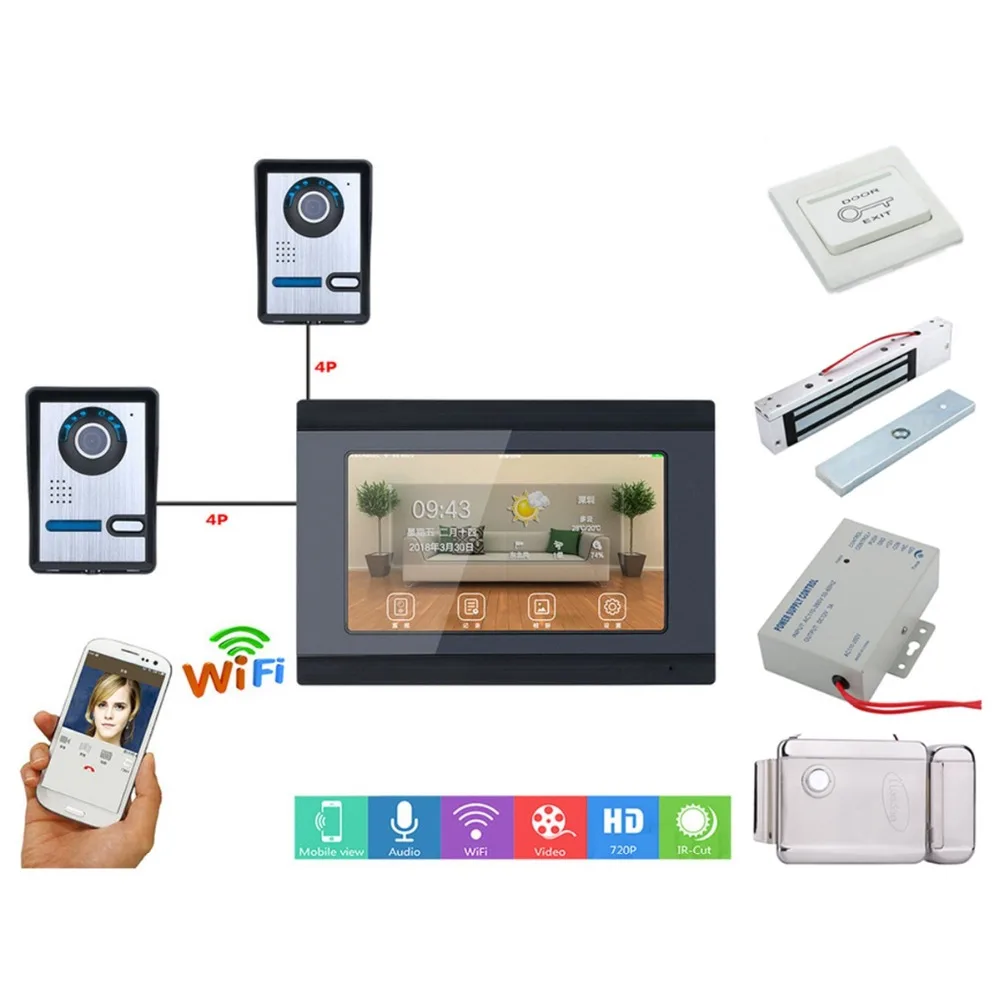 

Home set 7inch Wired Wifi IP Video Door Phone Doorbell Intercom Entry System with 2xHD Wired Camera +Electric Lock