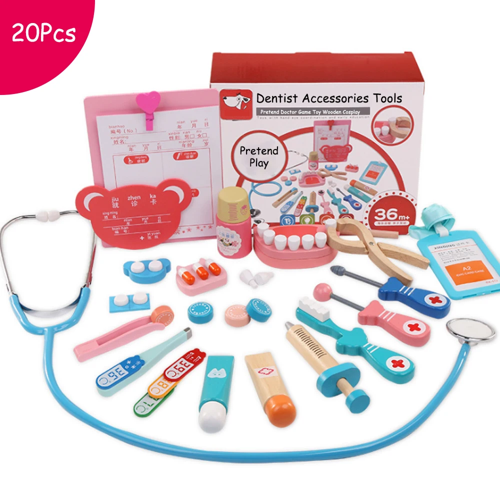 

20 pcs/set Dentist Accessories Tools Toys Kids Pretend Play Doctor Nurse Wooden Cosplay Simulation Children Doctors Game Toys