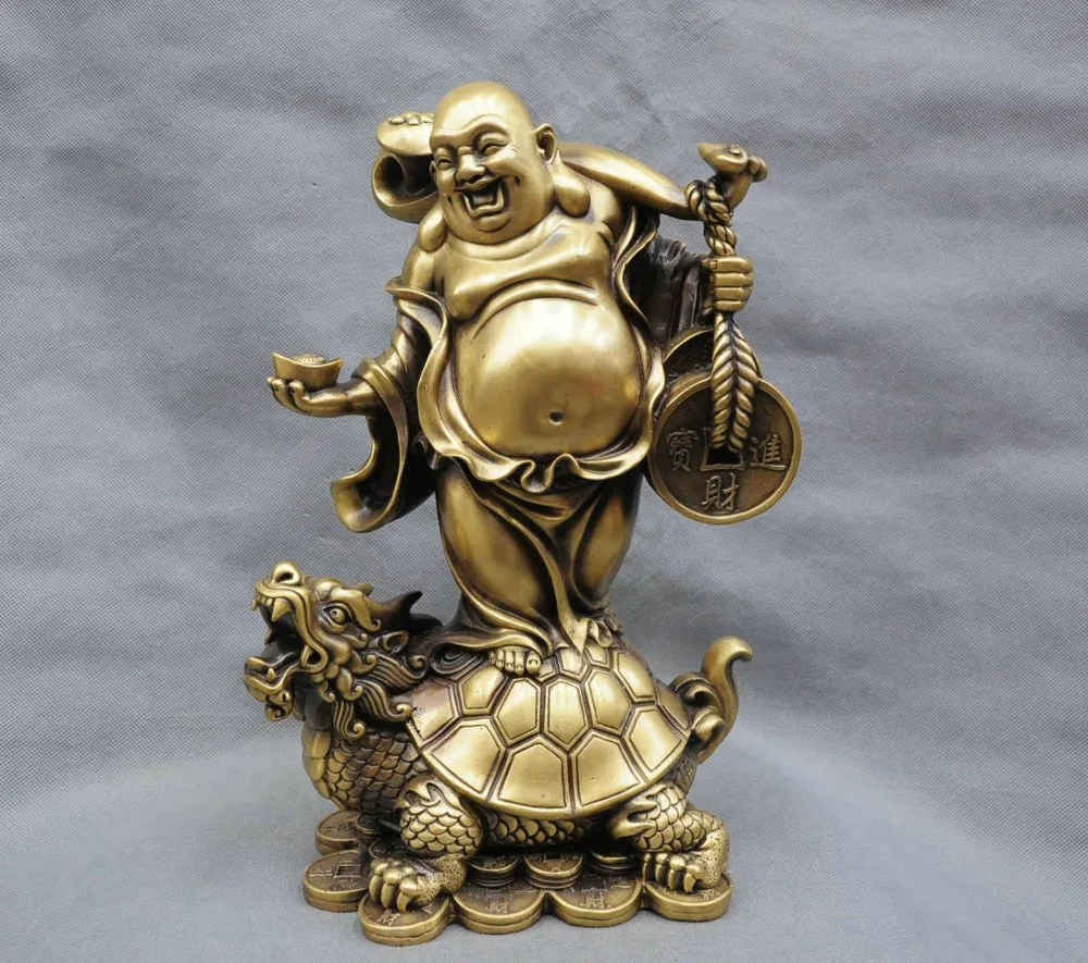China-Folk-Happy-Maitreya-Buddha-stand-Dragon-Turtle-Bronze-Statue