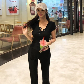 

Fashion cotton bouncy women set new arrival summer korean OL lady sweet casual o-neck short T-shirt elastic two-piece set