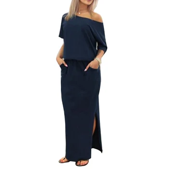 

Newly Women Short Sleeve Tunic Dress Evening Party Side Slit Casual Long Maxi Dress DO99