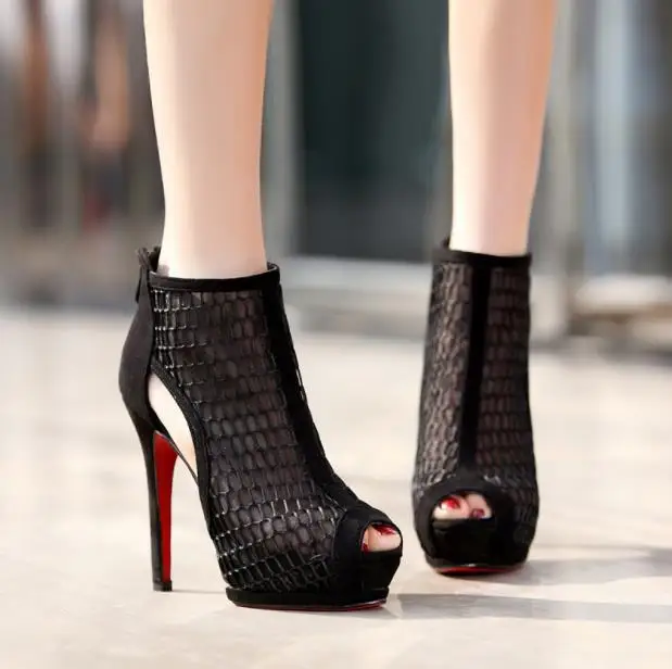 

Summer new leather waterproof platform fish mouth fine high-heeled gauze zipper sexy female sandals spring autumn boots