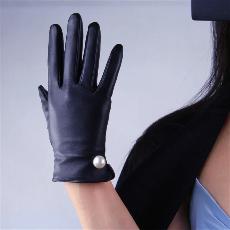 Женские кожаные перчатки с сенсорным экраном, женские перчатки из натуральной овчины, модная черная подкладка, сохраняющая тепло, TB55