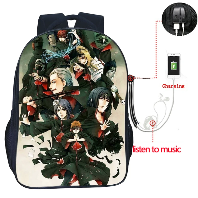 Красивый рюкзак Наруто с USB зарядкой, школьные сумки для книг, мужской женский рюкзак для путешествий, красивый рюкзак Саске Итачи - Цвет: 13