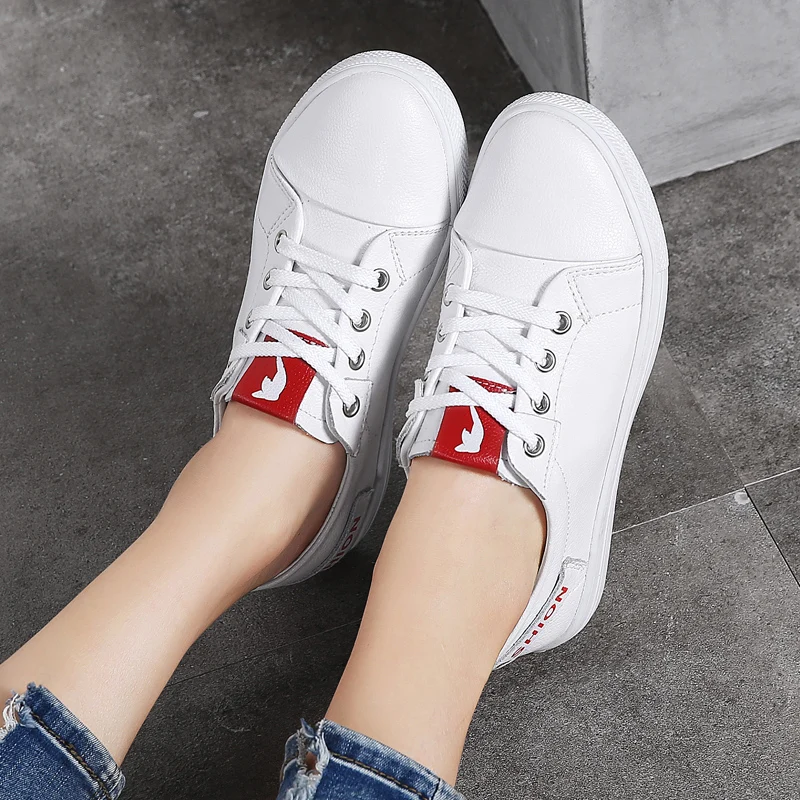 

GOODRSSON Casual Shoes Women PU Vamp Casual Wild Soft Bottom White Shoes Leather New Flats Solid Lace Up Men Casual Sneakers